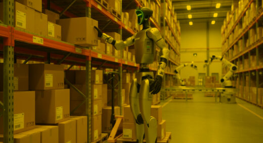An image of a humanoid robot standing in a warehouse, reaching for a package on a shelf
